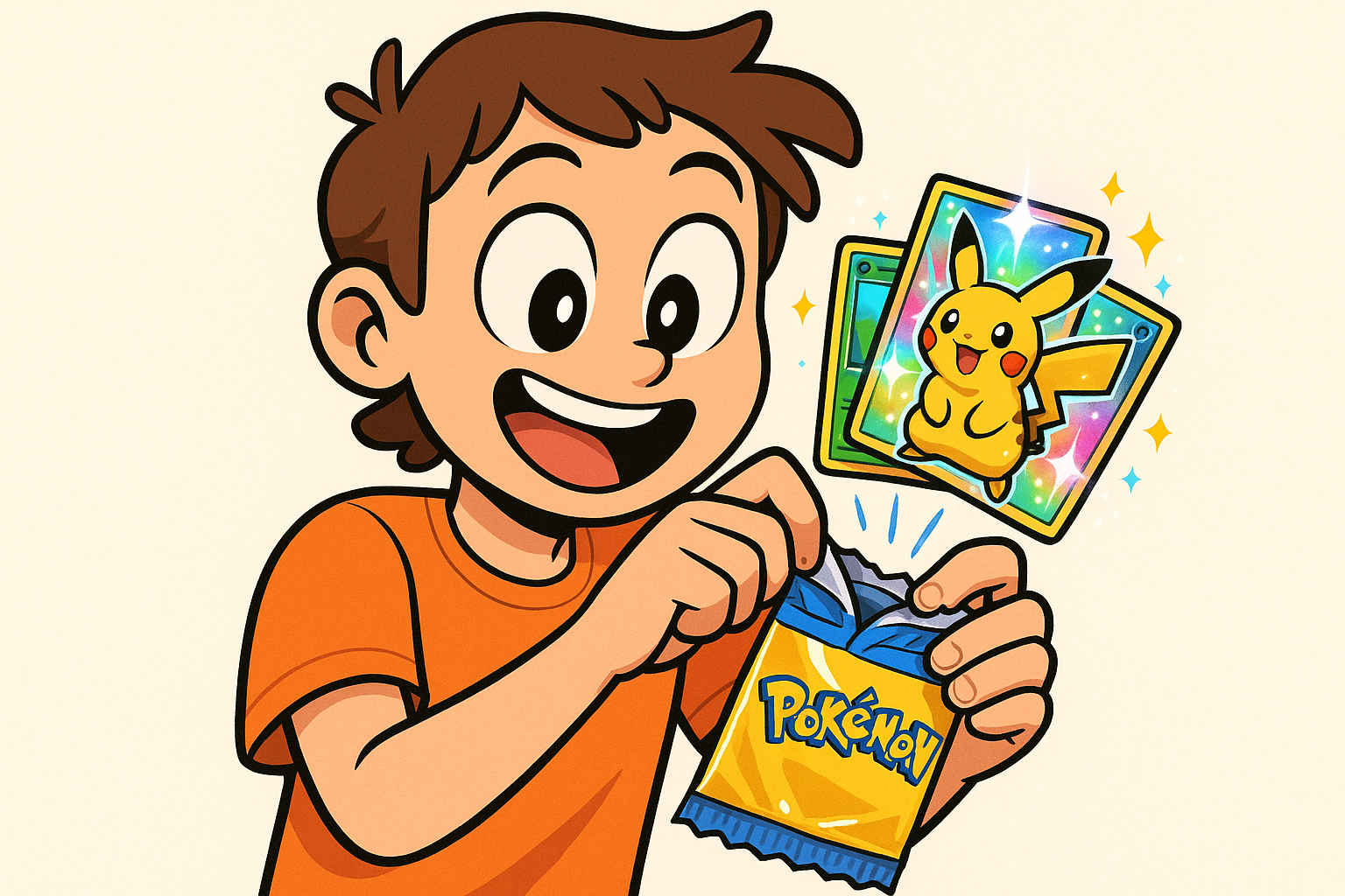 Cartoon person opening a pokemon pack